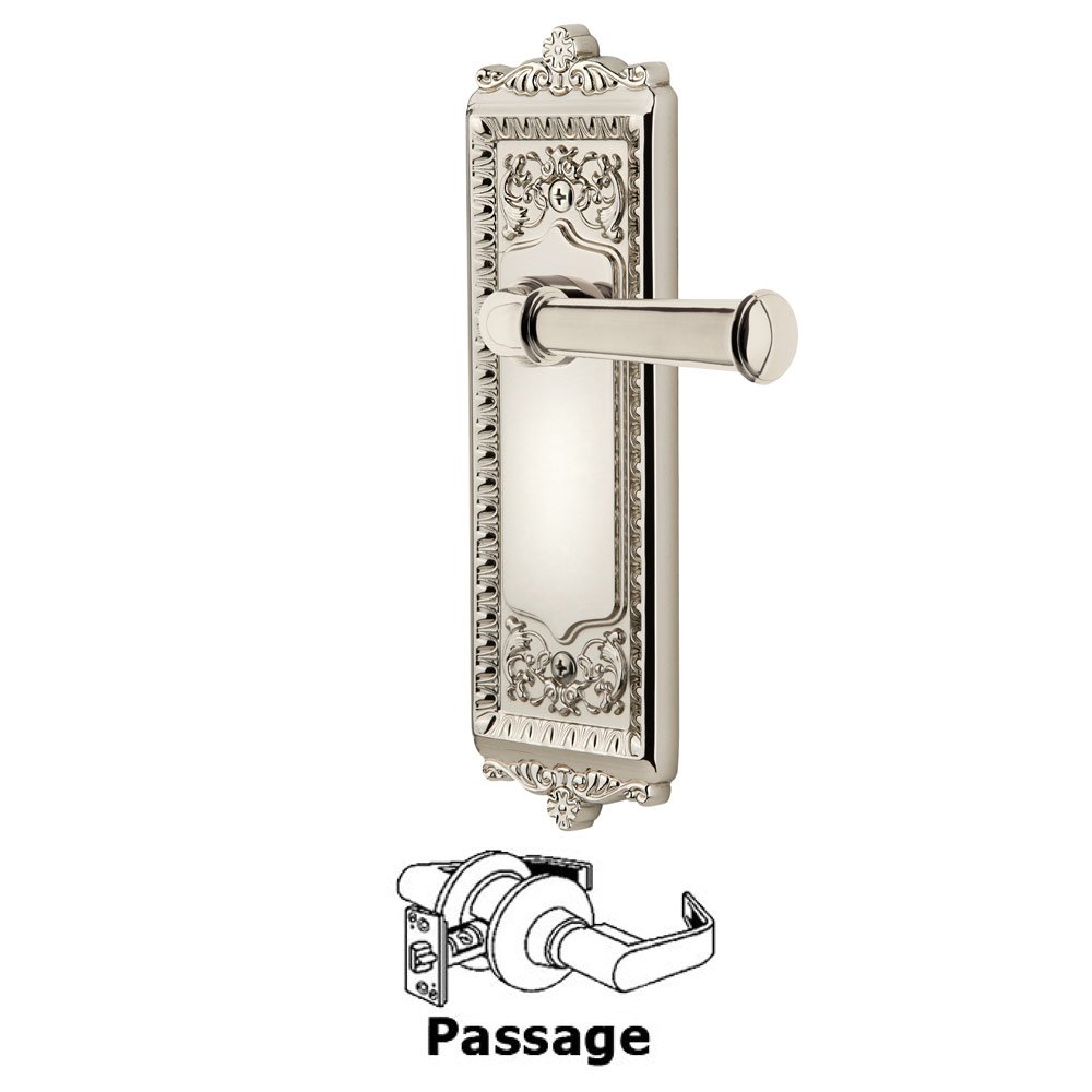 Grandeur Passage Windsor Plate with Right Handed Georgetown Lever in Polished Nickel