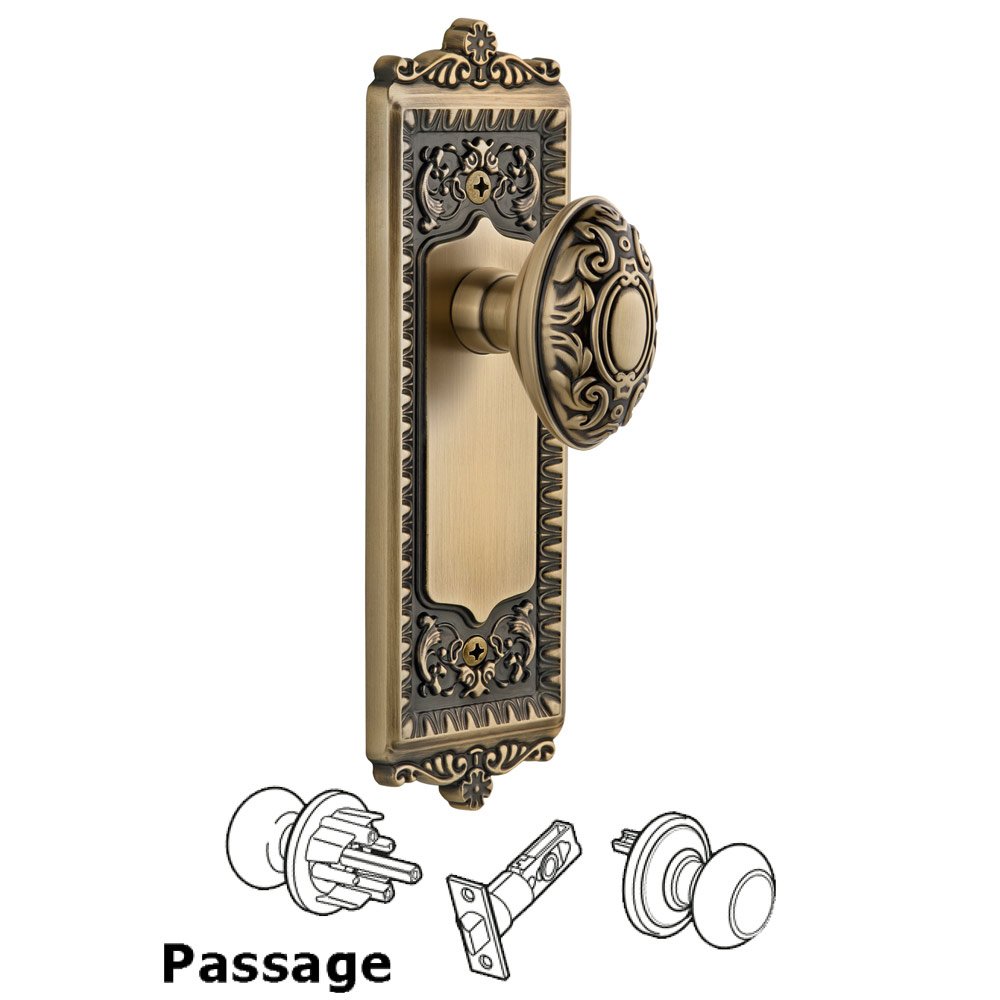 Grandeur Windsor Plate Passage with Grande Victorian knob in Vintage Brass