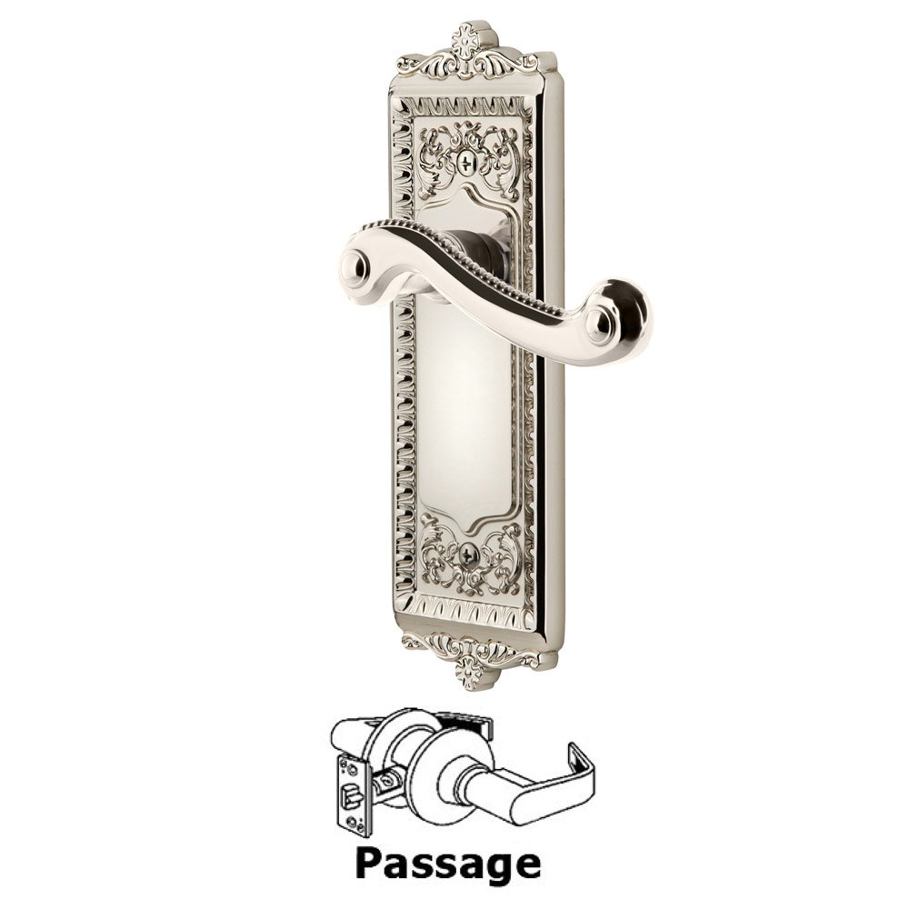 Grandeur Passage Windsor Plate with Right Handed Newport Lever in Polished Nickel