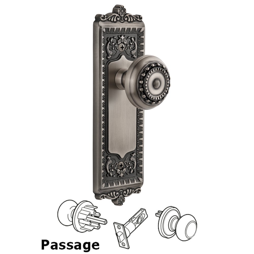 Grandeur Windsor Plate Passage with Parthenon knob in Antique Pewter