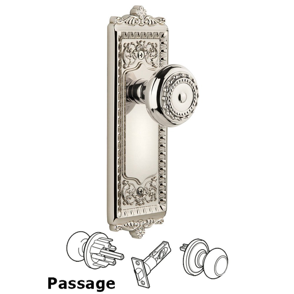 Grandeur Windsor Plate Passage with Parthenon knob in Polished Nickel