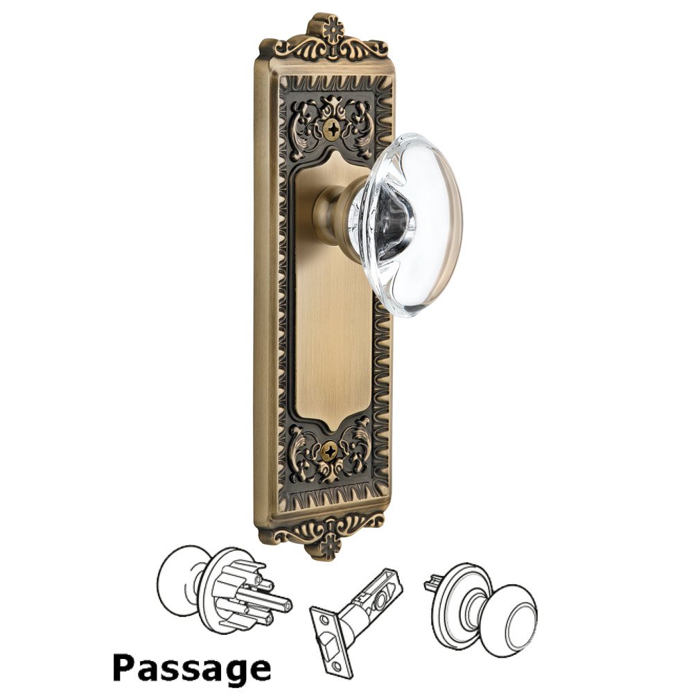 Grandeur Windsor Plate Passage with Provence knob in Vintage Brass