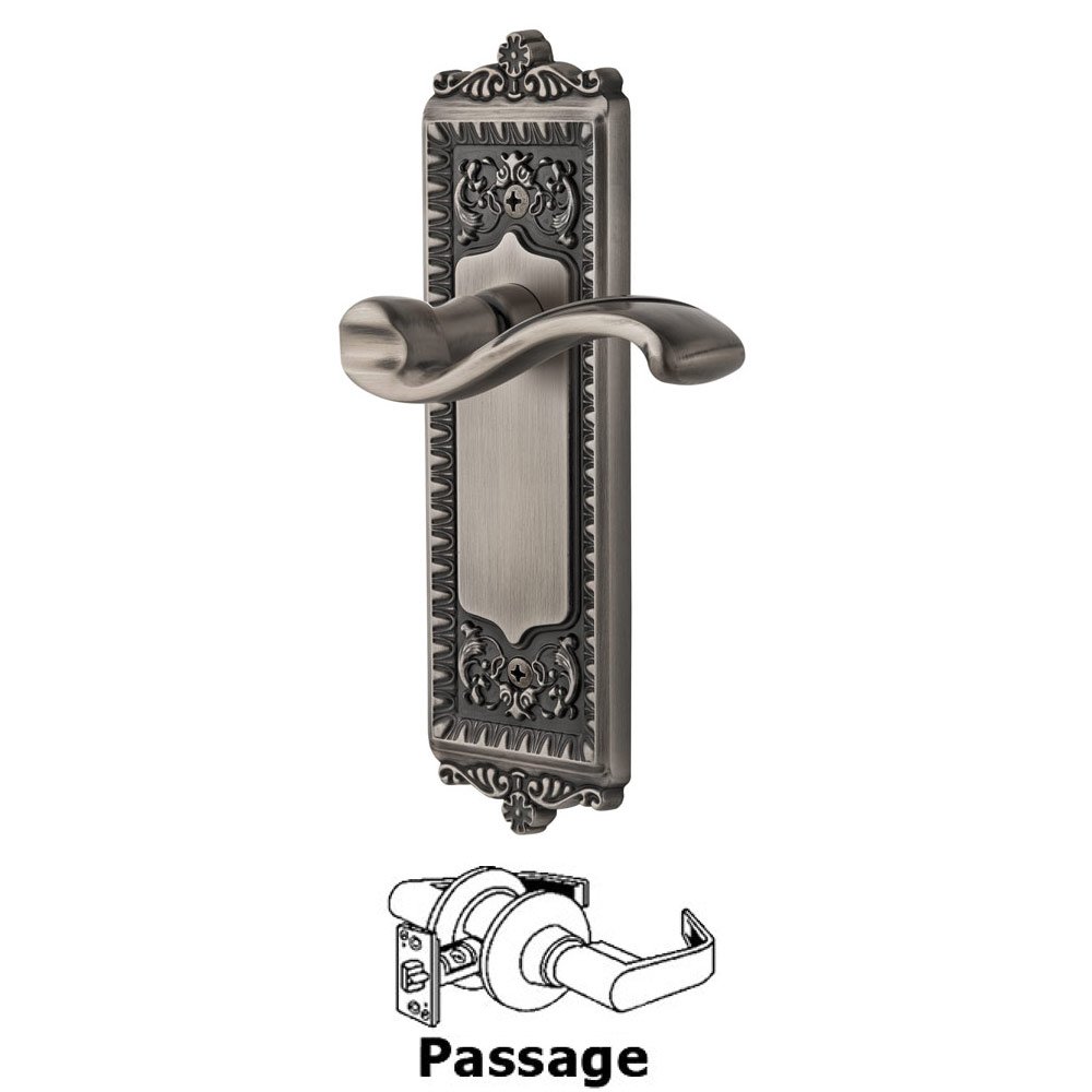 Grandeur Passage Windsor Plate with Right Handed Portofino Lever in Antique Pewter