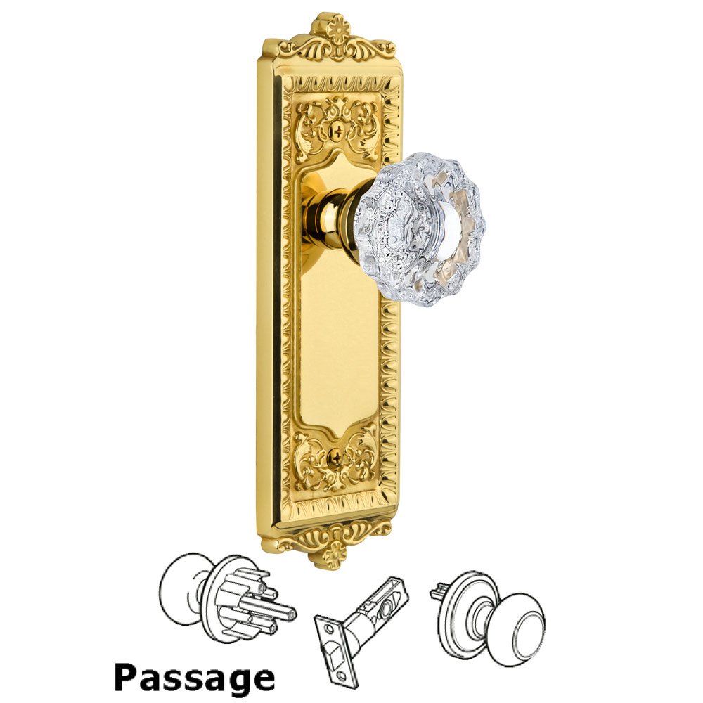 Grandeur Windsor Plate Passage with Versailles knob in Polished Brass