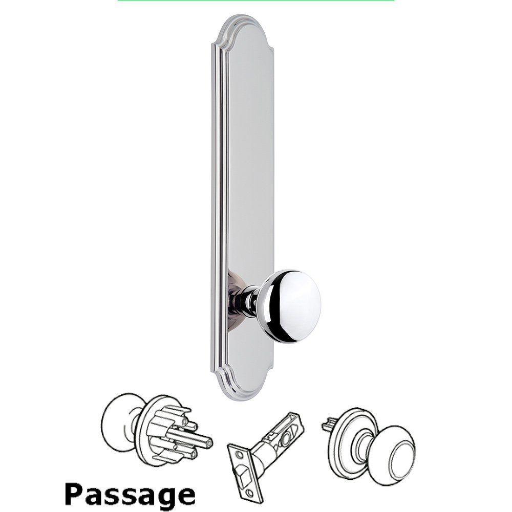 Grandeur Tall Plate Passage with Fifth Avenue Knob in Bright Chrome