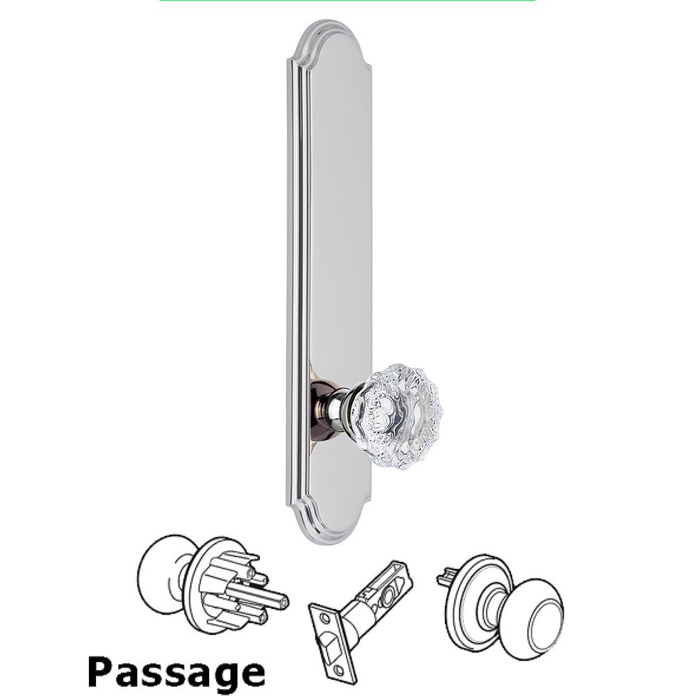 Grandeur Tall Plate Passage with Fontainebleau Knob in Bright Chrome