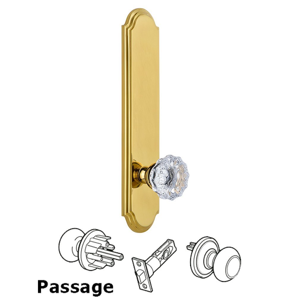 Grandeur Tall Plate Passage with Fontainebleau Knob in Lifetime Brass