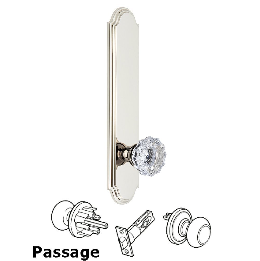 Grandeur Tall Plate Passage with Fontainebleau Knob in Polished Nickel