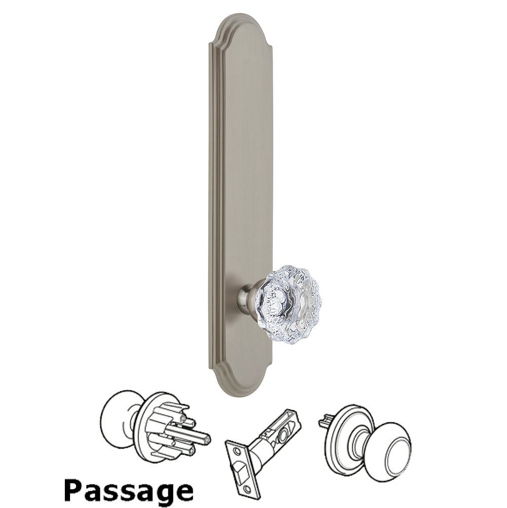 Grandeur Tall Plate Passage with Fontainebleau Knob in Satin Nickel