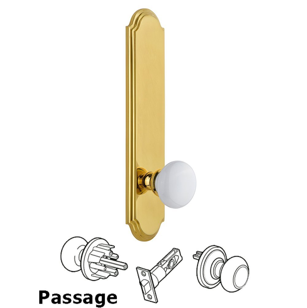 Grandeur Tall Plate Passage with Hyde Park Knob in Polished Brass