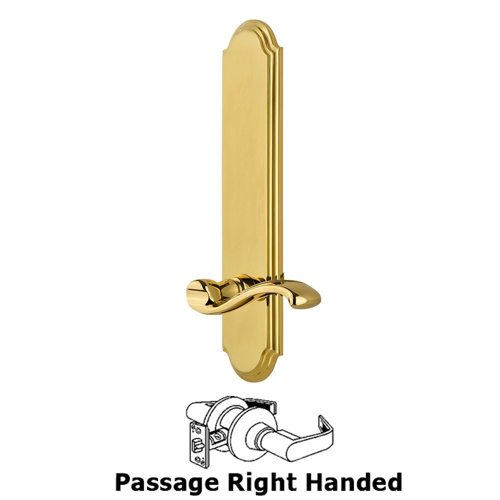 Grandeur Tall Plate Passage with Portofino Right Handed Lever in Polished Brass