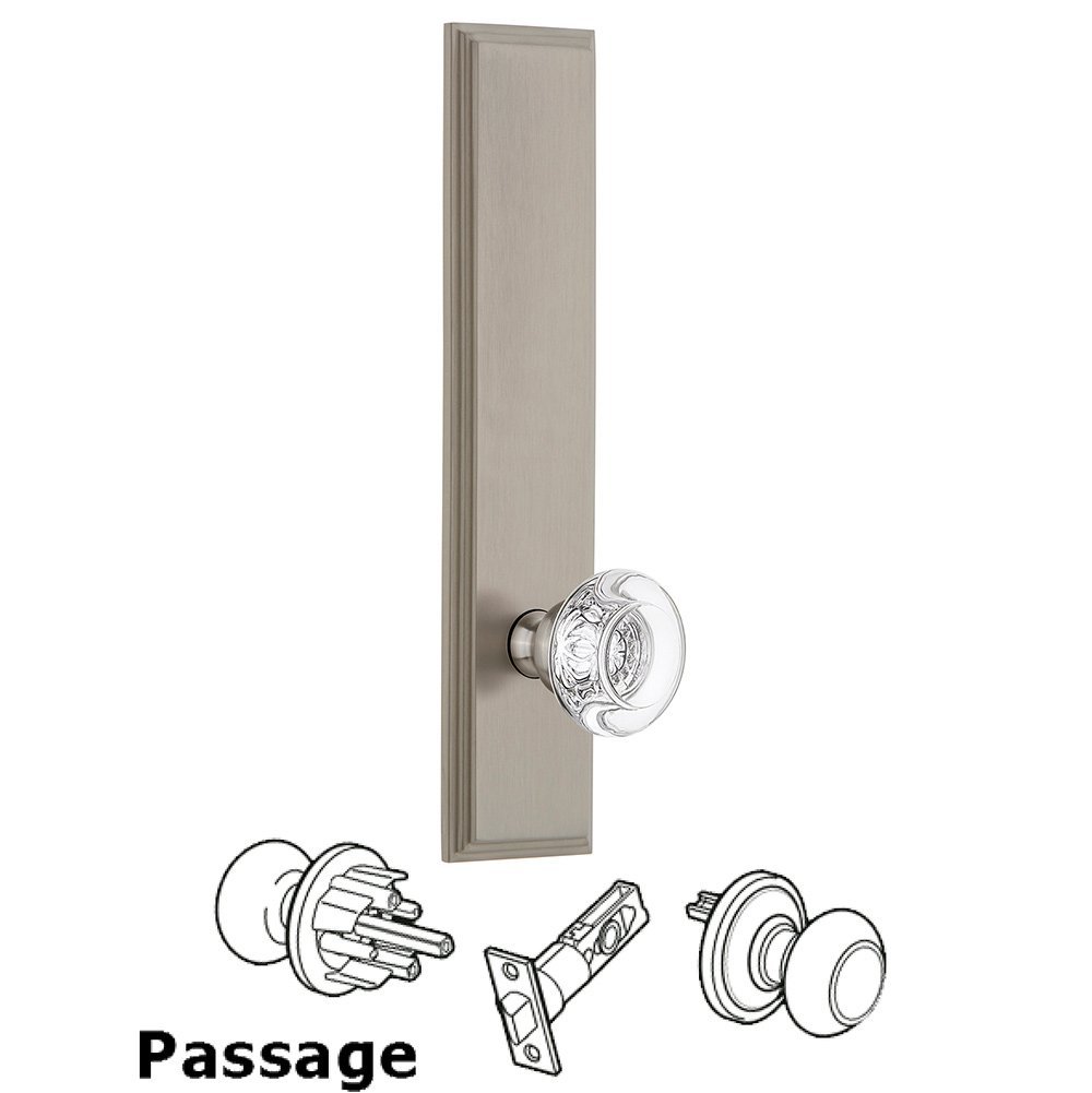 Grandeur Passage Carre Tall Plate with Bordeaux Knob in Satin Nickel