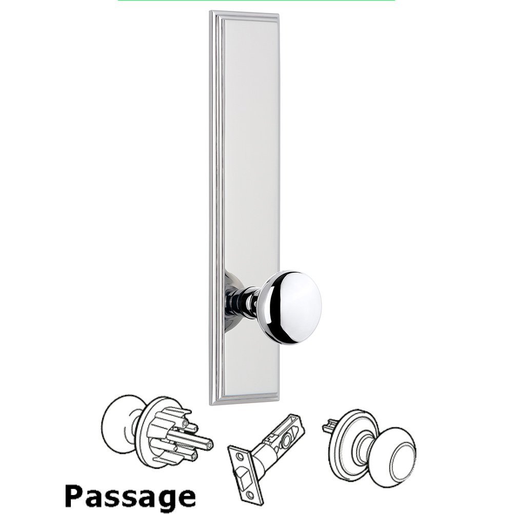 Grandeur Passage Carre Tall Plate with Fifth Avenue Knob in Bright Chrome