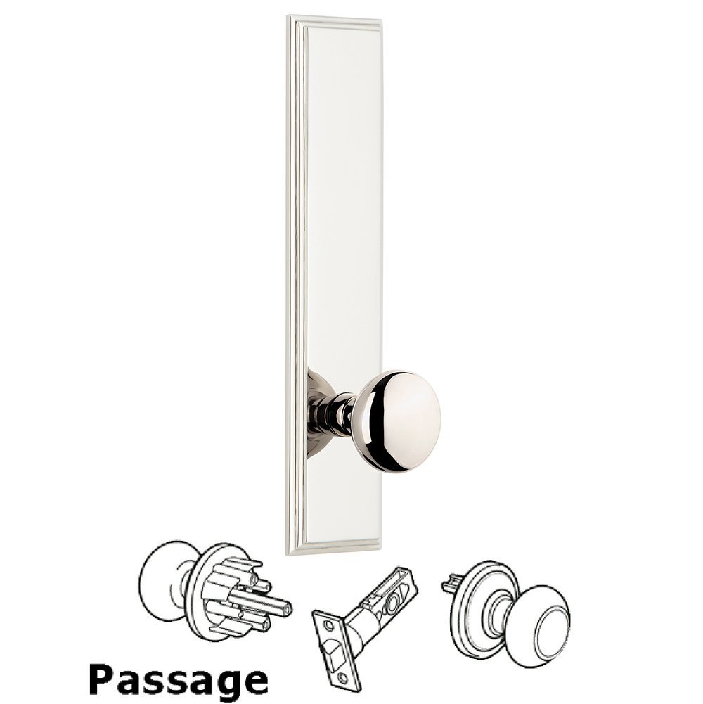 Grandeur Passage Carre Tall Plate with Fifth Avenue Knob in Polished Nickel