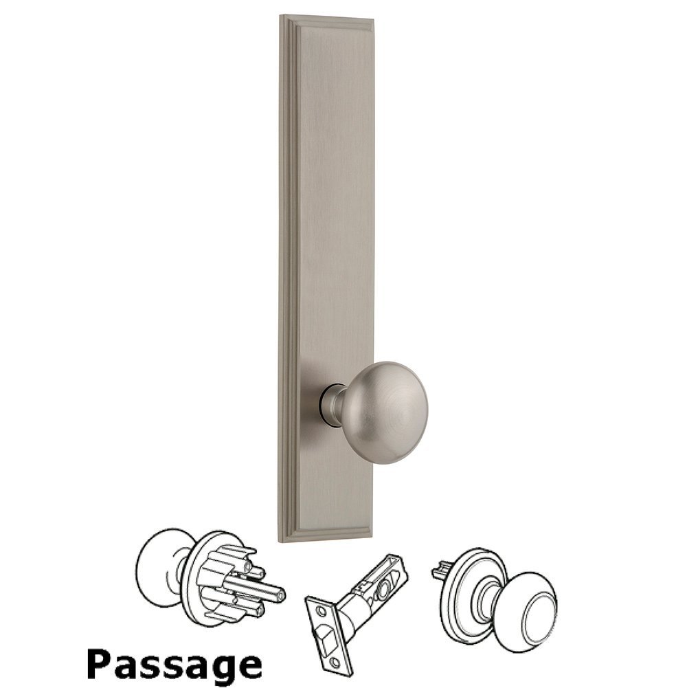 Grandeur Passage Carre Tall Plate with Fifth Avenue Knob in Satin Nickel