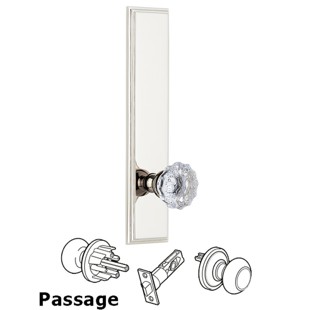 Grandeur Passage Carre Tall Plate with Fontainebleau Knob in Polished Nickel