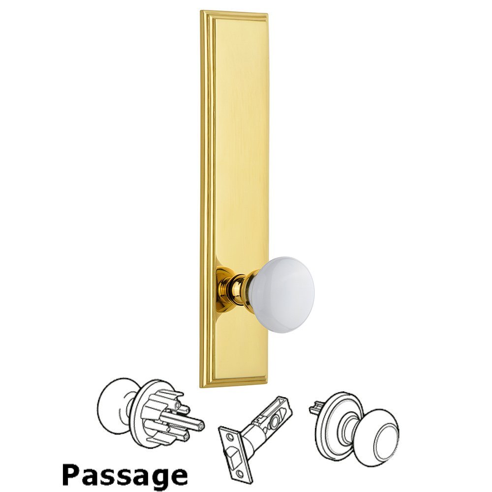 Grandeur Passage Carre Tall Plate with Hyde Park Knob in Polished Brass