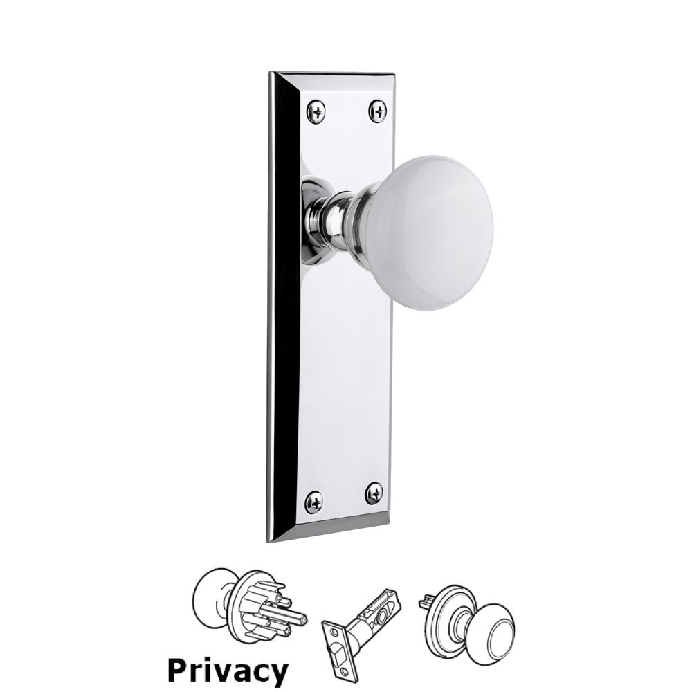 Grandeur Fifth Avenue Plate Privacy with Hyde Park White Porcelain Knob in Bright Chrome