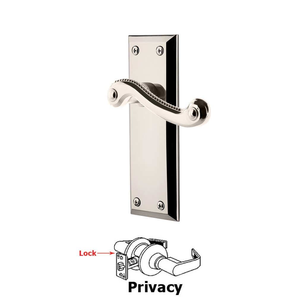 Grandeur Privacy Fifth Avenue Plate with Newport Left Handed Lever in Polished Nickel