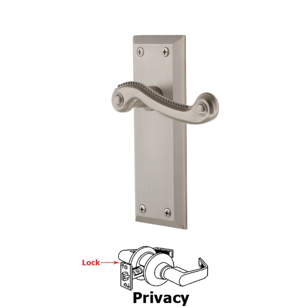 Grandeur Privacy Fifth Avenue Plate with Newport Left Handed Lever in Satin Nickel