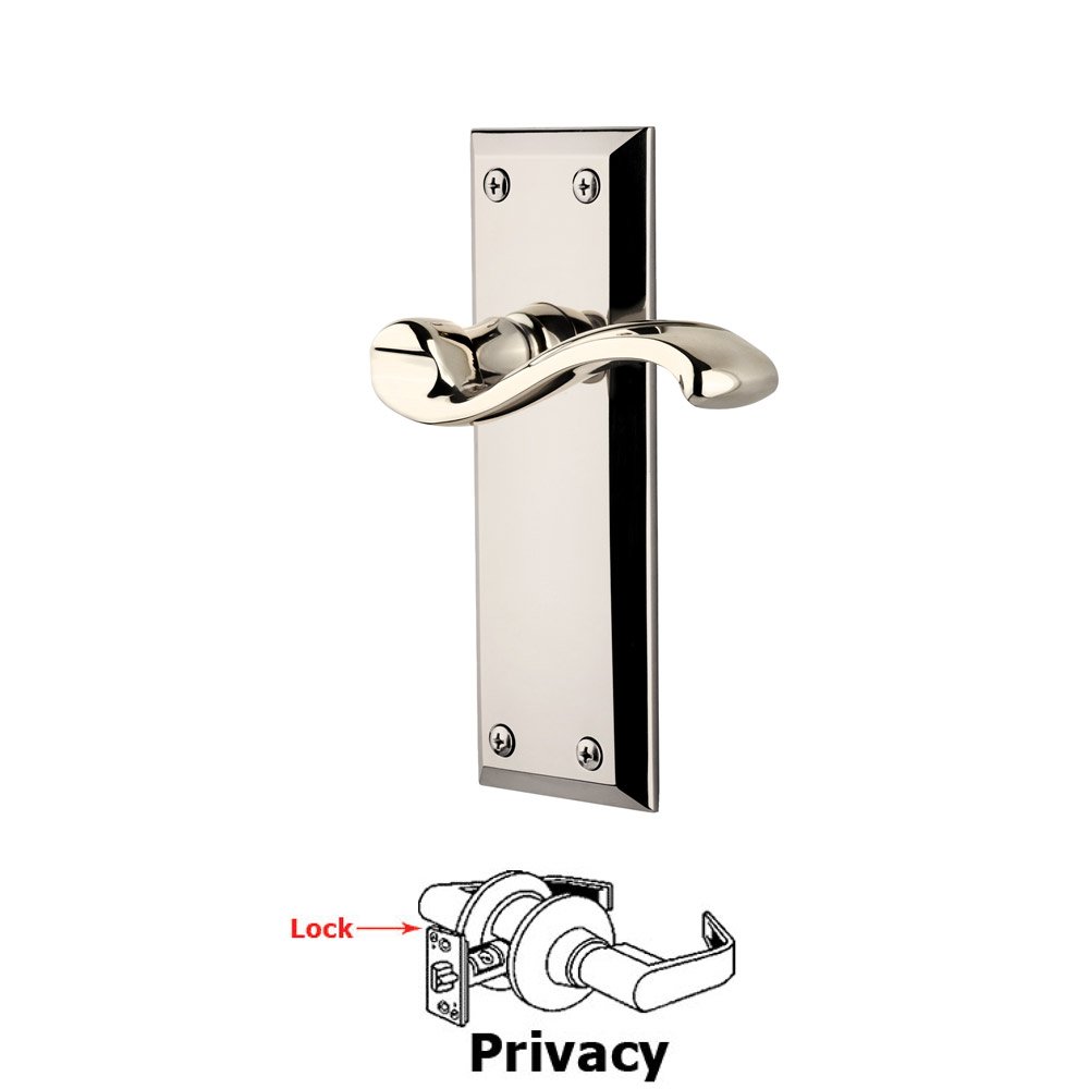 Grandeur Privacy Fifth Avenue Plate with Portofino Left Handed Lever in Polished Nickel