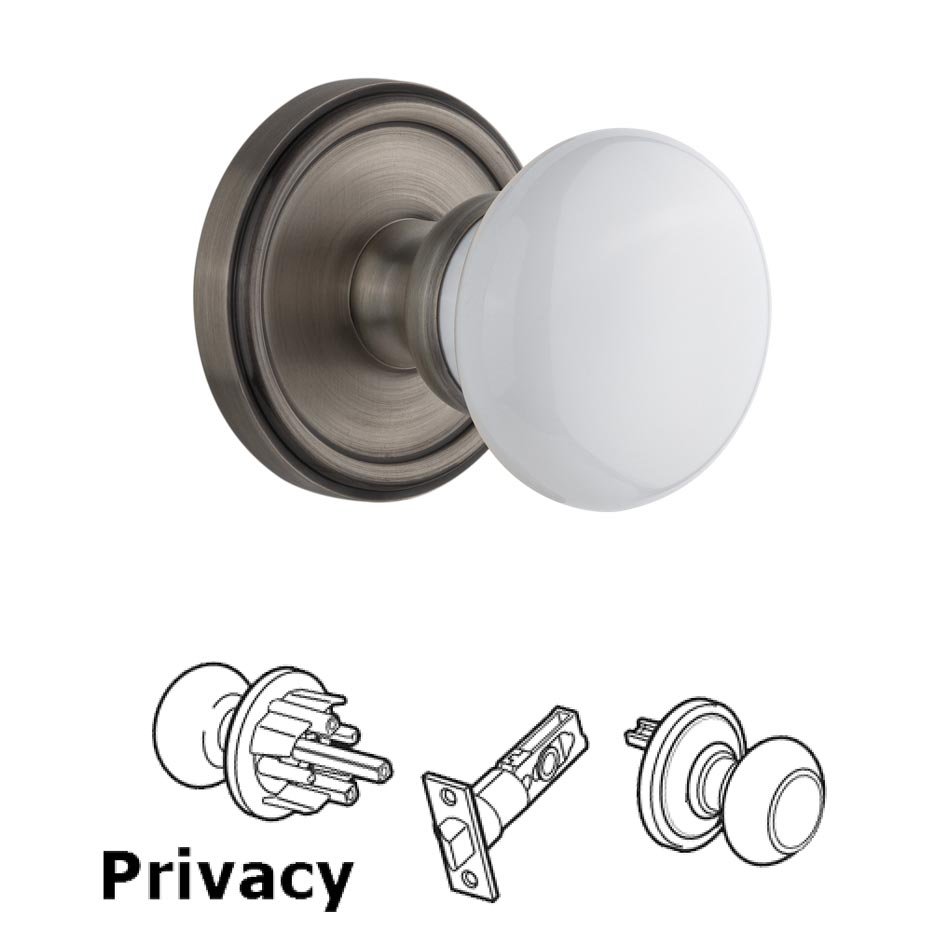 Grandeur Georgetown Plate Privacy with Hyde Park White Porcelain Knob in Antique Pewter