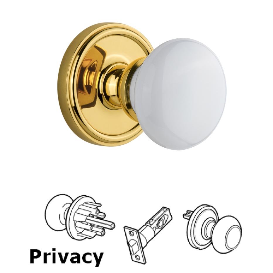 Grandeur Georgetown Plate Privacy with Hyde Park White Porcelain Knob in Polished Brass
