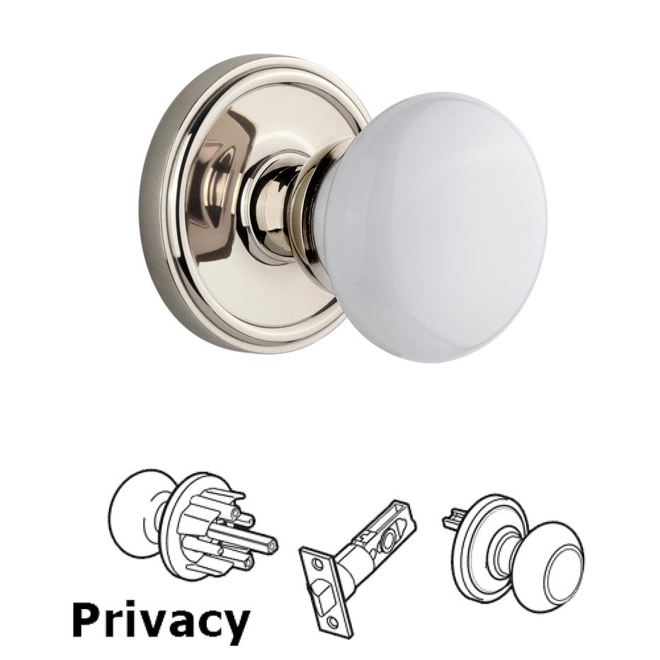 Grandeur Georgetown Plate Privacy with Hyde Park White Porcelain Knob in Polished Nickel