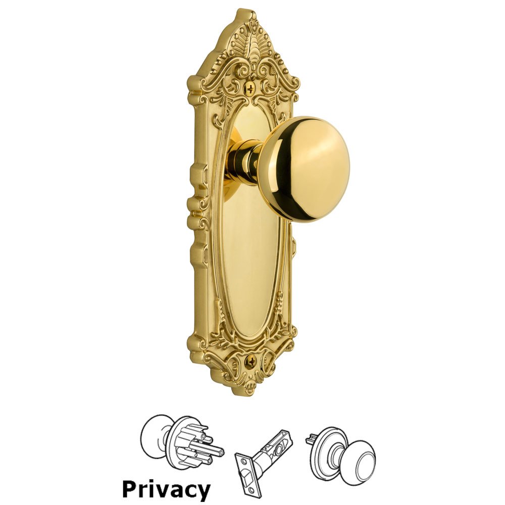 Grandeur Grandeur Grande Victorian Plate Privacy with Fifth Avenue Knob in Polished Brass