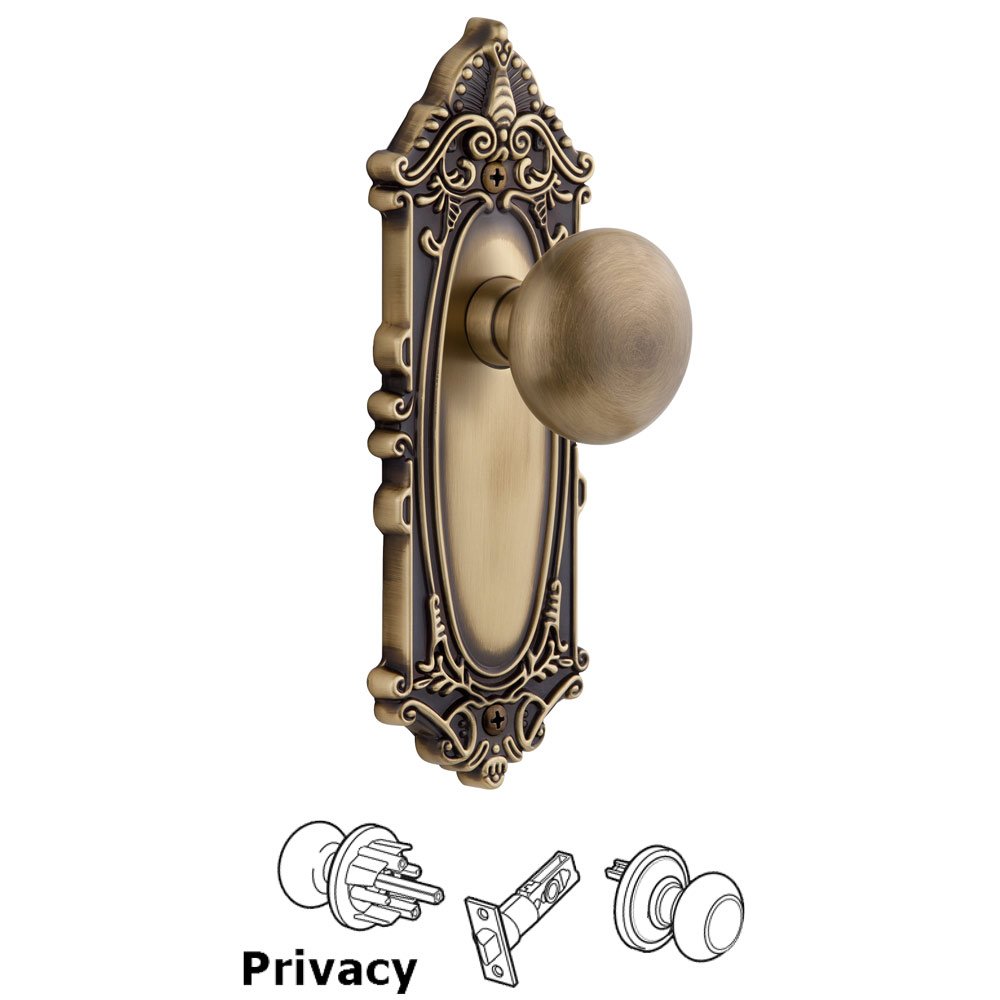 Grandeur Grandeur Grande Victorian Plate Privacy with Fifth Avenue Knob in Vintage Brass