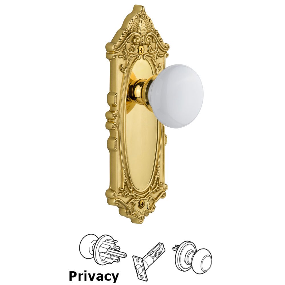 Grandeur Grande Victorian Plate Privacy with Hyde Park White Porcelain Knob in Lifetime Brass
