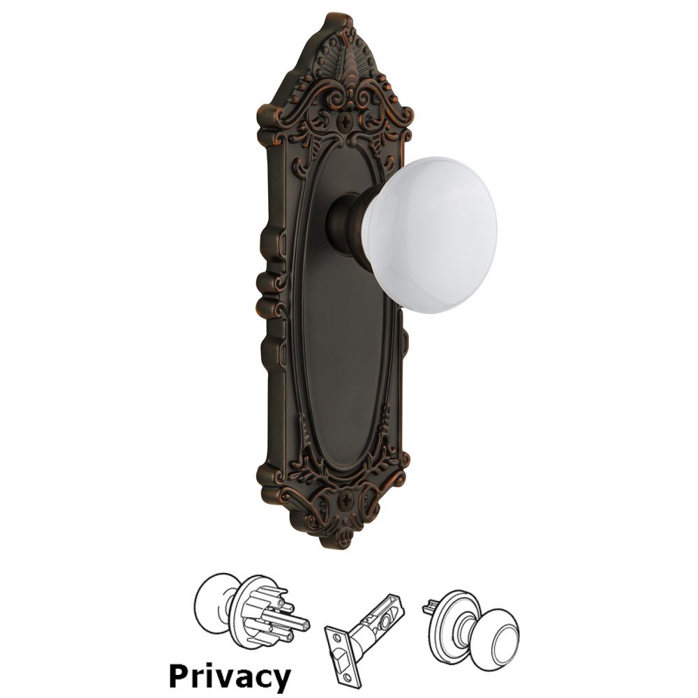 Grandeur Grande Victorian Plate Privacy with Hyde Park White Porcelain Knob in Timeless Bronze