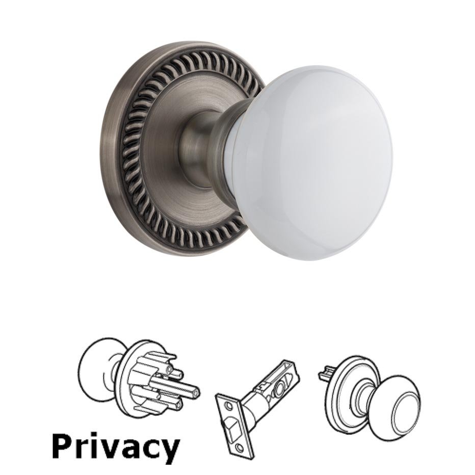 Grandeur Newport Plate Privacy with Hyde Park White Porcelain Knob in Antique Pewter