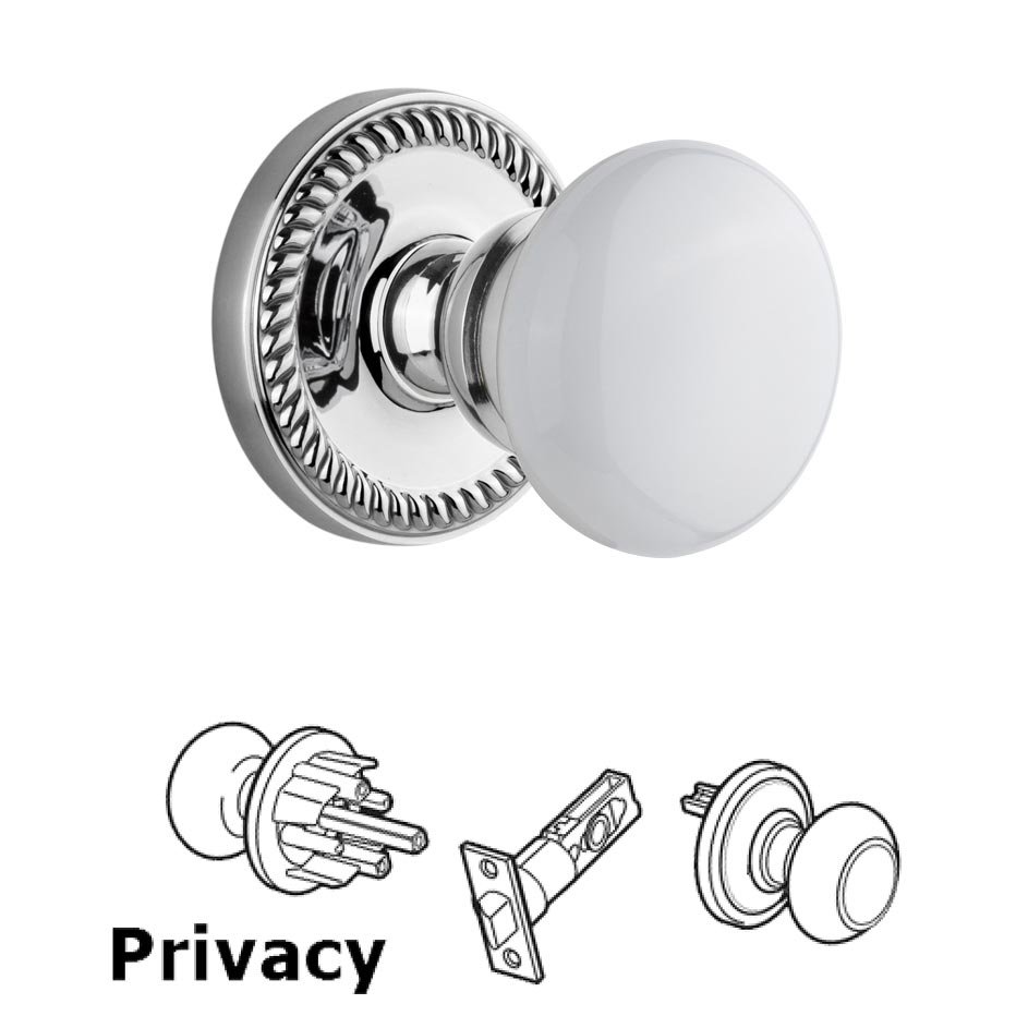 Grandeur Newport Plate Privacy with Hyde Park White Porcelain Knob in Bright Chrome