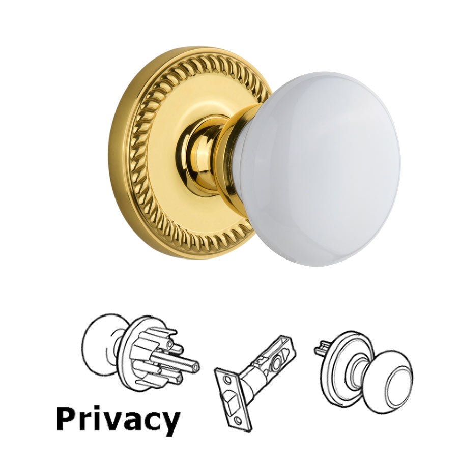 Grandeur Newport Plate Privacy with Hyde Park White Porcelain Knob in Lifetime Brass