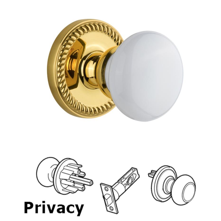 Grandeur Newport Plate Privacy with Hyde Park White Porcelain Knob in Polished Brass