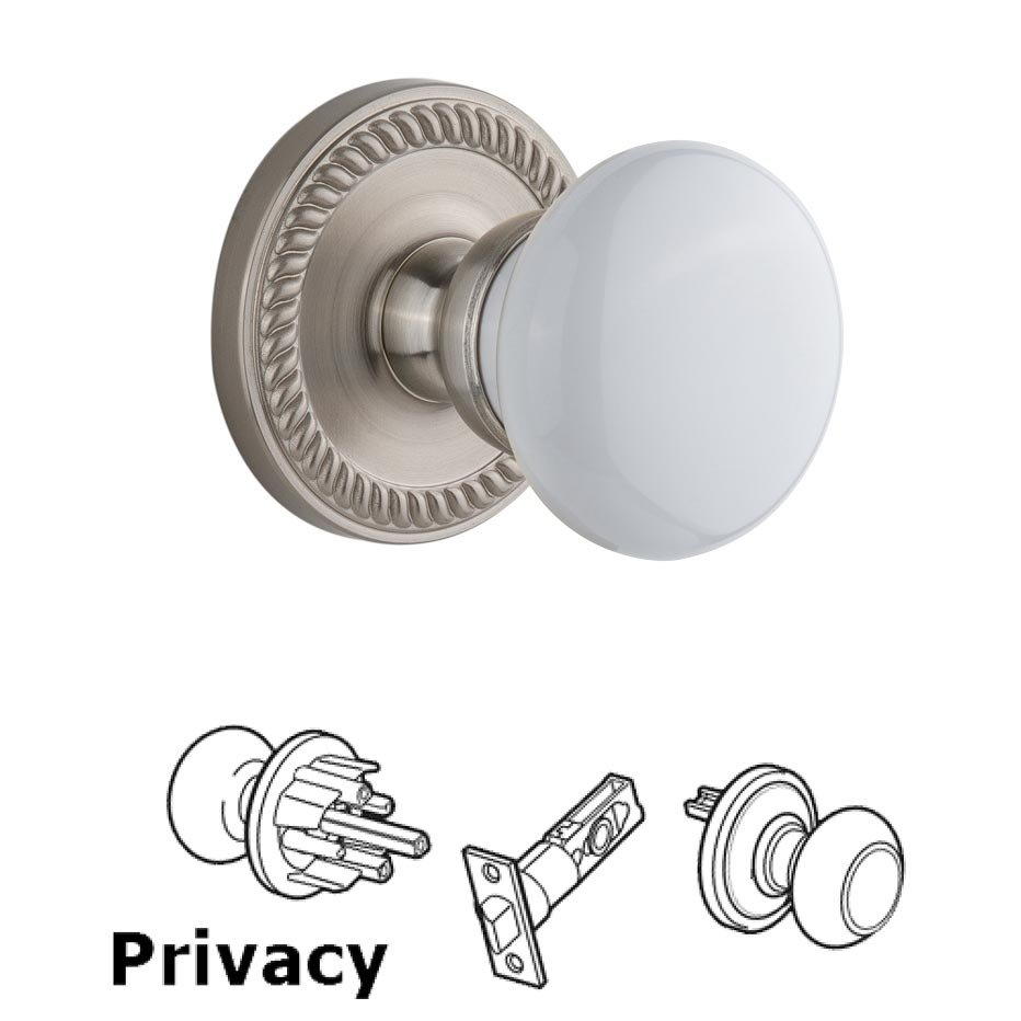 Grandeur Newport Plate Privacy with Hyde Park White Porcelain Knob in Satin Nickel