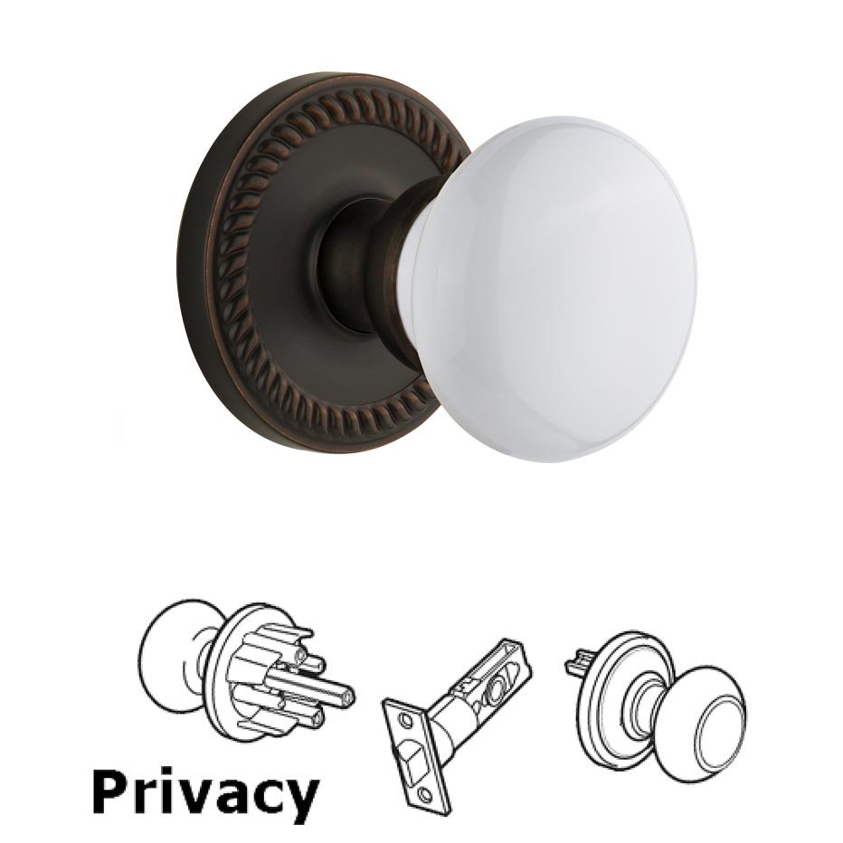 Grandeur Newport Plate Privacy with Hyde Park White Porcelain Knob in Timeless Bronze