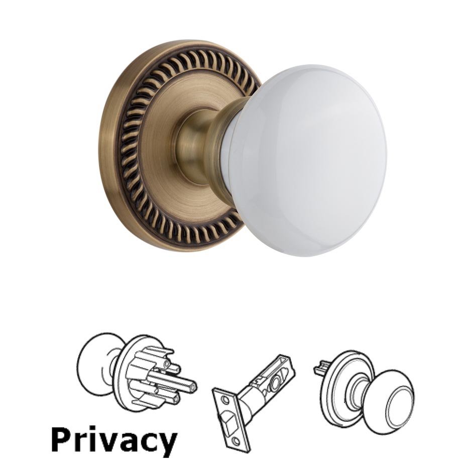 Grandeur Newport Plate Privacy with Hyde Park White Porcelain Knob in Vintage Brass