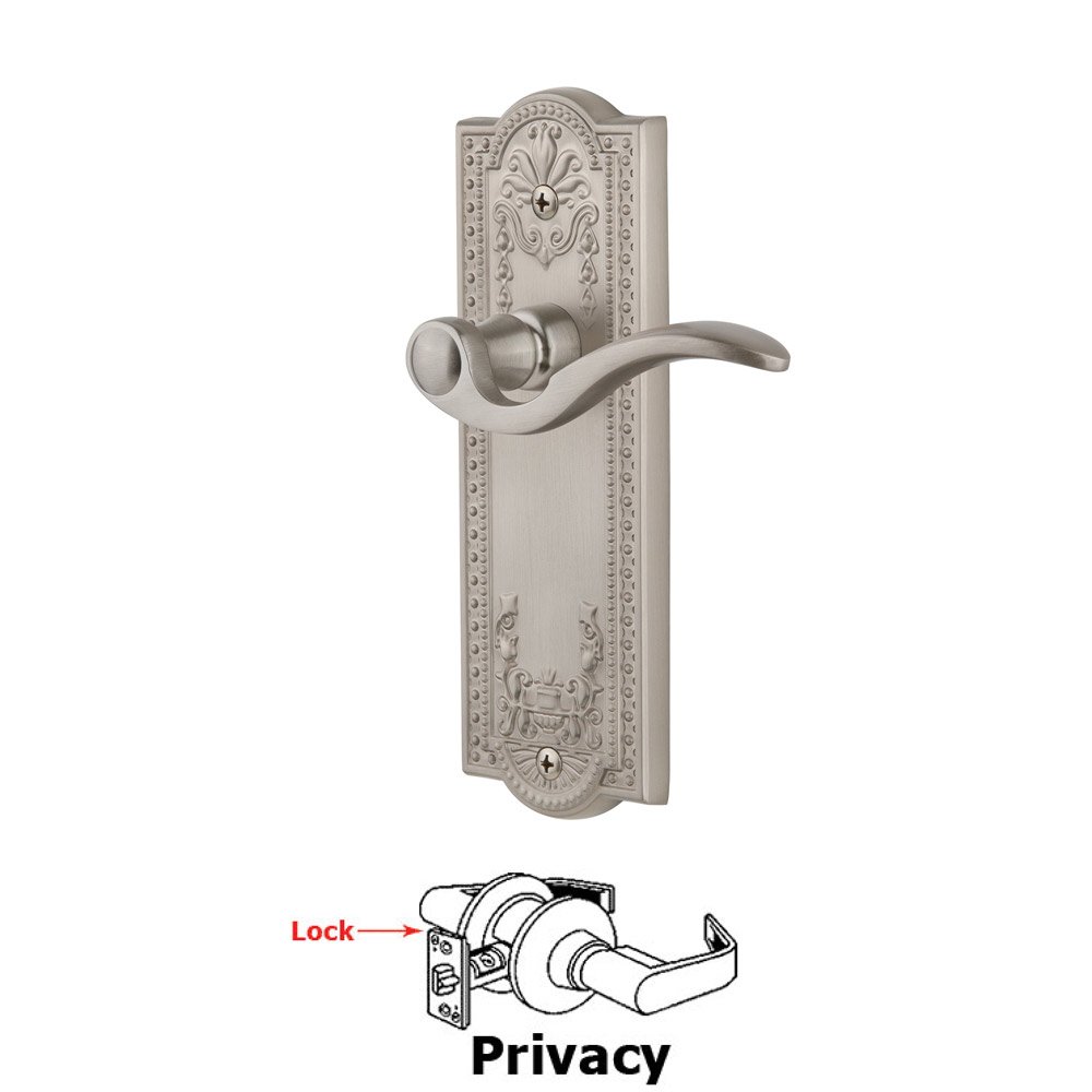 Grandeur Privacy Parthenon Plate with Bellagio Right Handed Lever in Satin Nickel