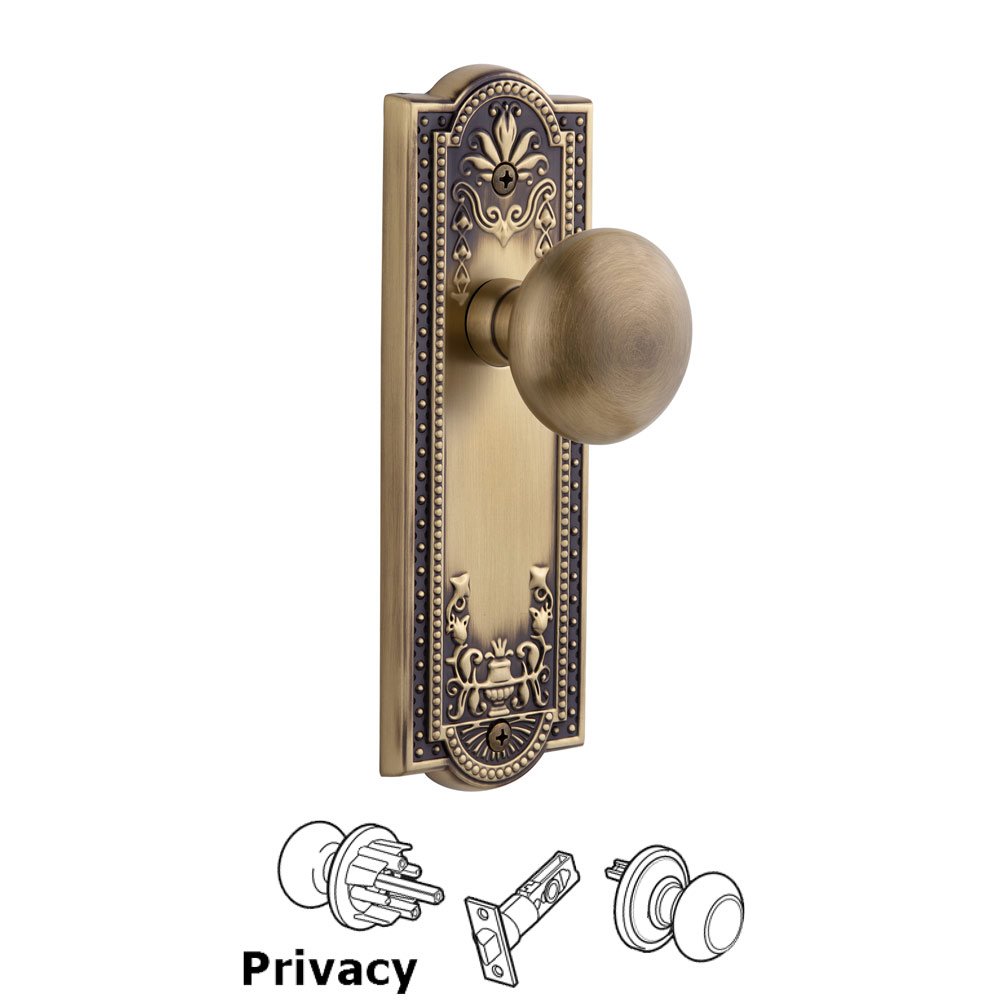 Grandeur Grandeur Parthenon Plate Privacy with Fifth Avenue Knob in Vintage Brass
