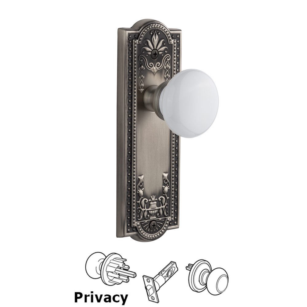 Grandeur Parthenon Plate Privacy with Hyde Park White Porcelain Knob in Antique Pewter
