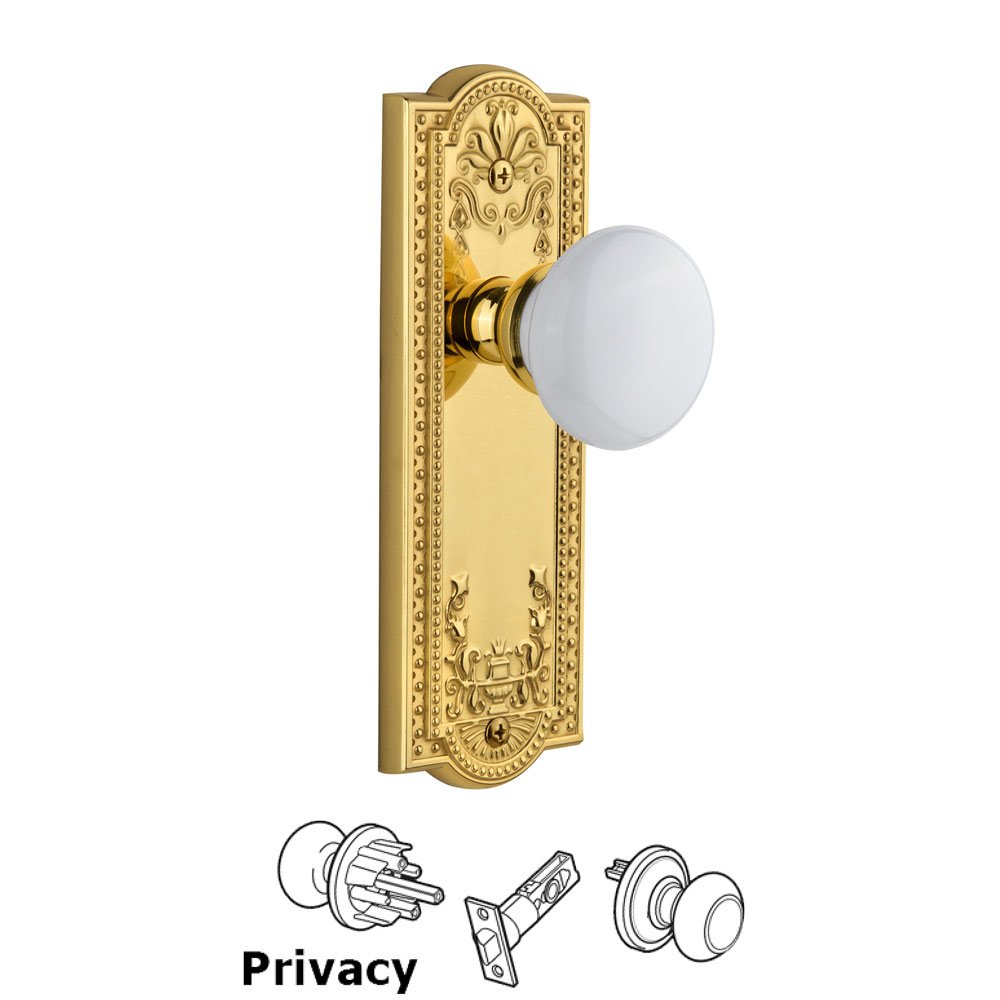 Grandeur Parthenon Plate Privacy with Hyde Park White Porcelain Knob in Polished Brass