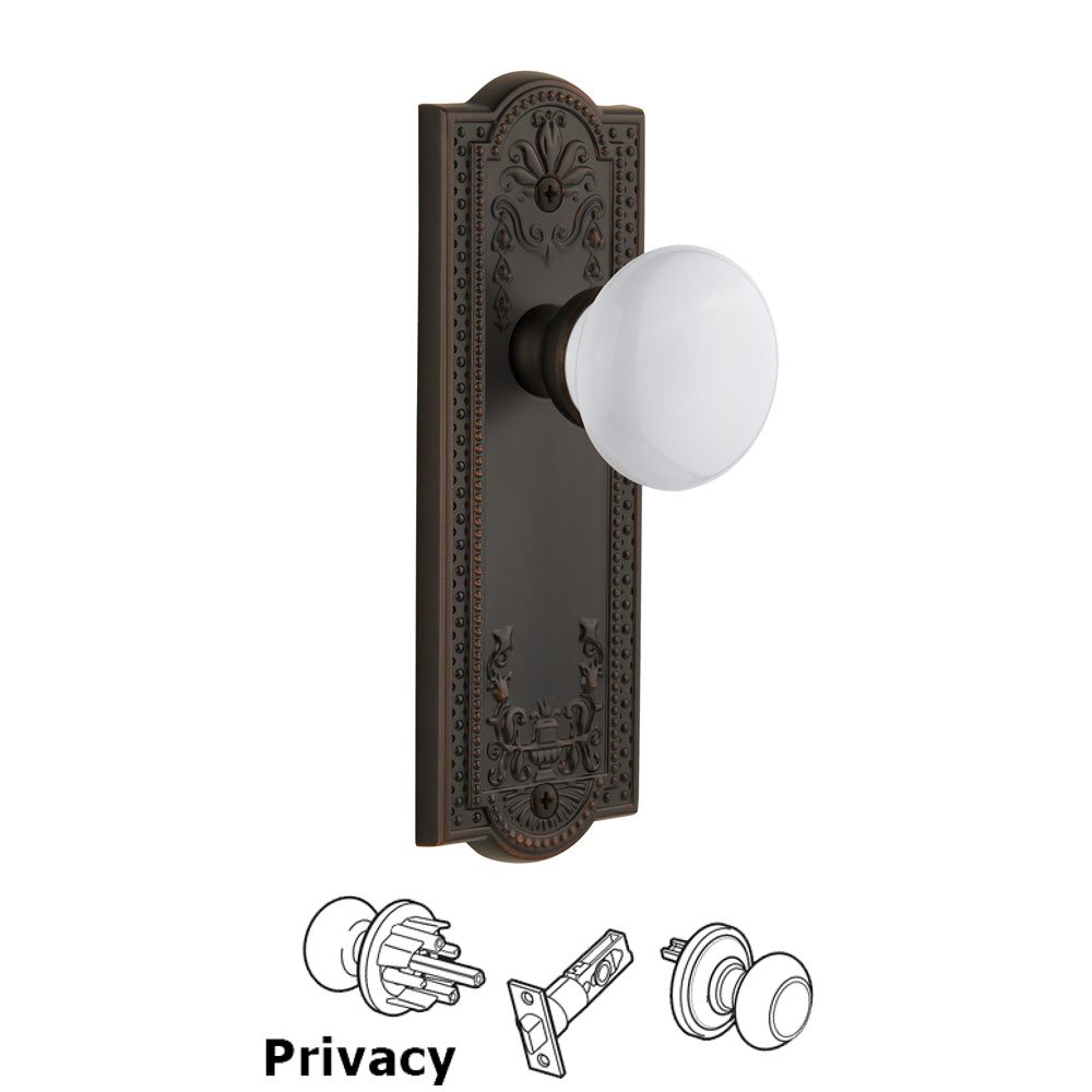 Grandeur Parthenon Plate Privacy with Hyde Park White Porcelain Knob in Timeless Bronze