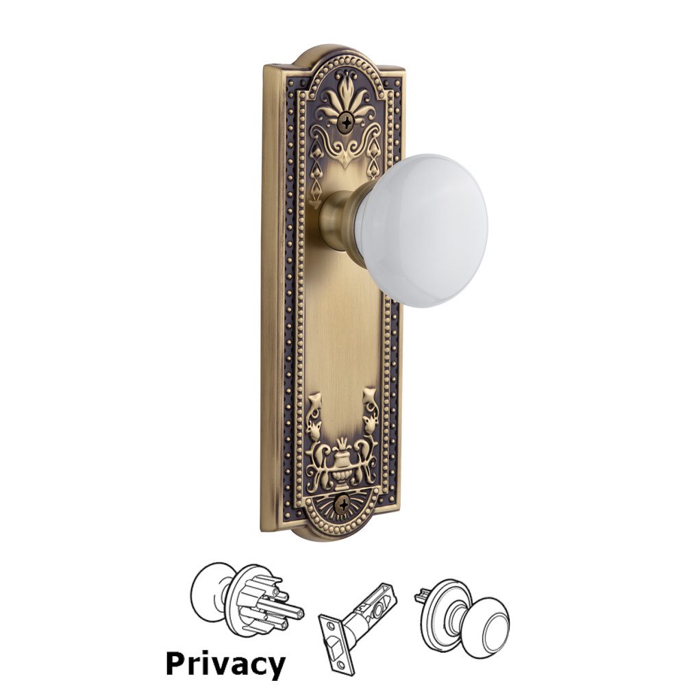 Grandeur Parthenon Plate Privacy with Hyde Park White Porcelain Knob in Vintage Brass