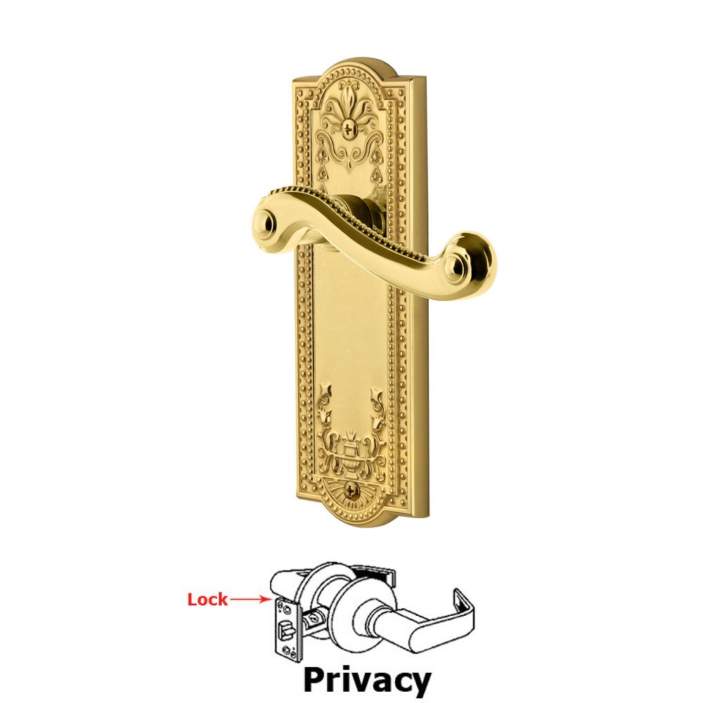 Grandeur Privacy Parthenon Plate with Newport Right Handed Lever in Lifetime Brass