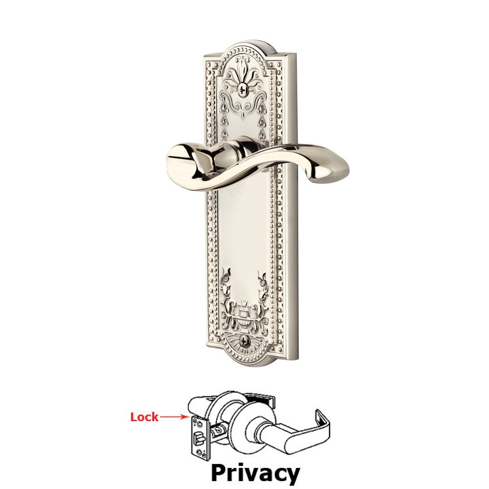 Grandeur Privacy Parthenon Plate with Portofino Right Handed Lever in Polished Nickel