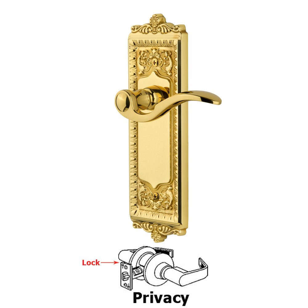 Grandeur Privacy Windsor Plate with Right Handed Bellagio Lever in Polished Brass