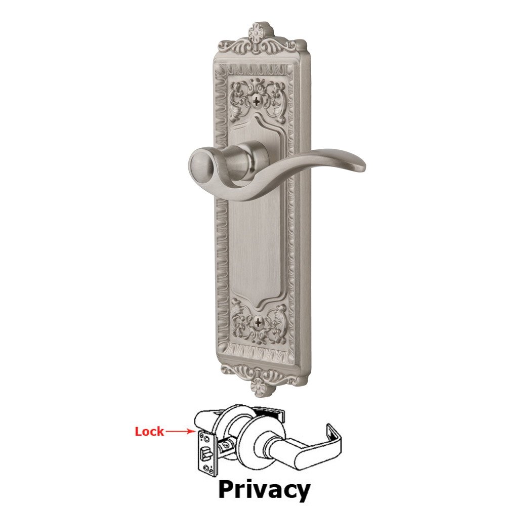 Grandeur Privacy Windsor Plate with Right Handed Bellagio Lever in Satin Nickel