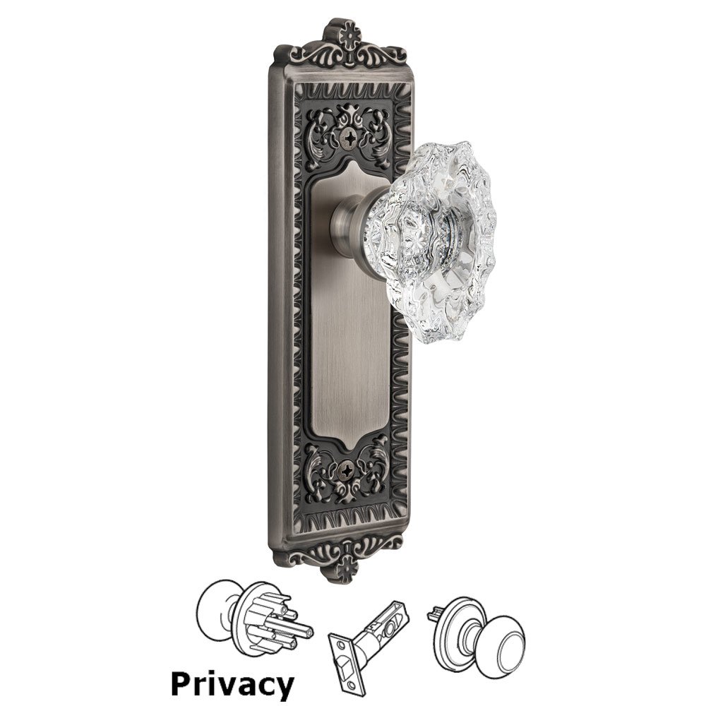 Grandeur Windsor Plate Privacy with Biarritz Knob in Antique Pewter